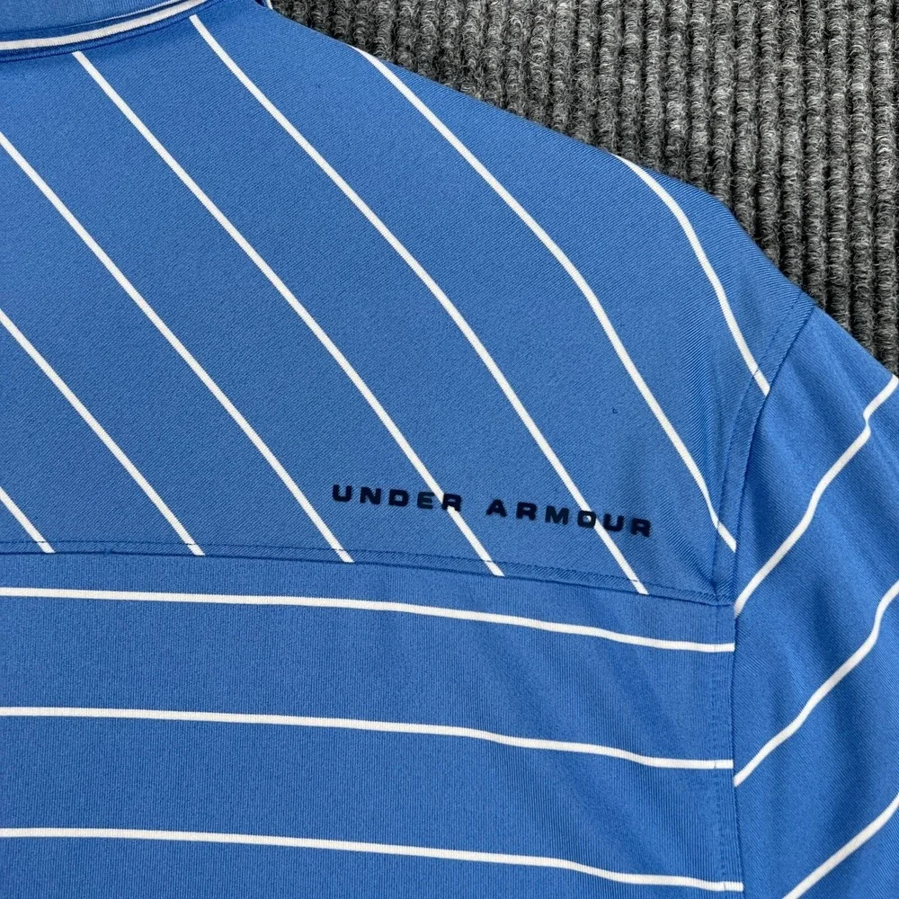 Under Armour Polo‎ Shirt Mens Medium Blue Striped Short Sleeve Loose Fit Heat